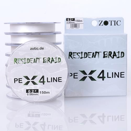 Zotic Resident Braid PE X4/X8-4-fach/8-fach geflochtene Angelschnur für Baitcaster u. Spinnrute, Profi Angelzubehör, Raubfisch, Angelsehne, 100m 150m 300m (X4 Weiss, 100m - 0.06mm - 4.1kg)