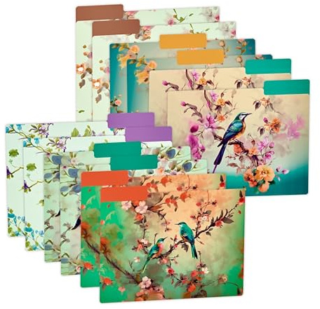 MARBOL Stores 12pcs Decorative File Folders Letter Size, Bird Design Folders, Cute Office Folders with Floral Branches, 1/3 Cut Tab, Waterproof Archival File Folders Colored Decorative File folders