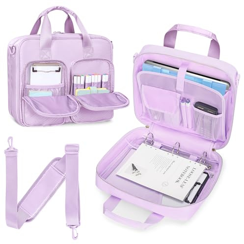Prokva Schreibmappe mit Ringbuch, Große Fächern für 13 Laptop, Reise Aktenmappe Konferenzmappe mit Riemen, A4 Binder mit 500 Blatt Fassungscermögen, Violett (Leer Tasche)