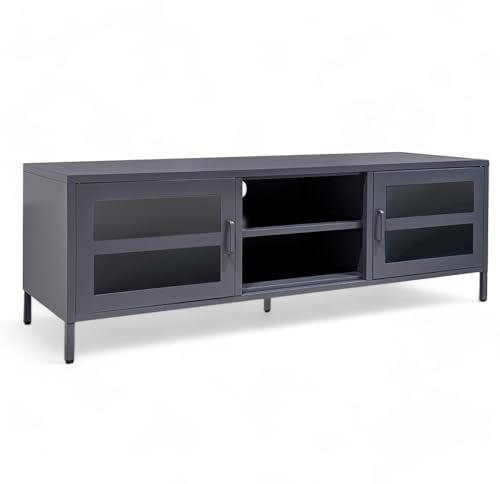 osoltus Sideboard Industriedesign Metall | TV-Konsole mit 2 Glastüren Magnetverschluss | 6 Fächer 150 x 45 x 50cm dunkelgrau