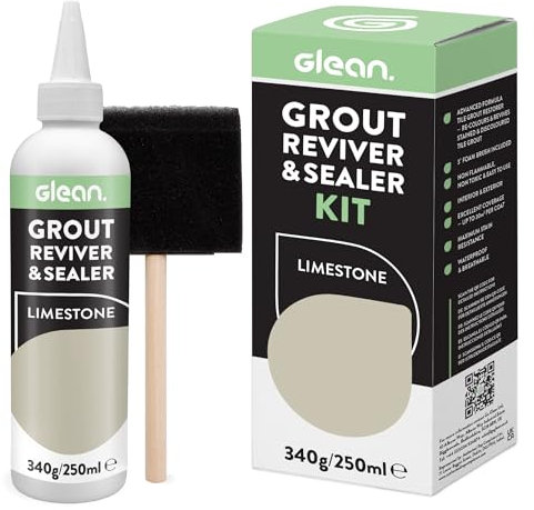 GLEAN Ravviva e sigillante per intonaco, pietra calcarea, 340 g, ripristina, ripara, rinnova le fughe delle piastrelle, include spazzola in schiuma, antimacchia, traspirante, per fughe di piastrelle