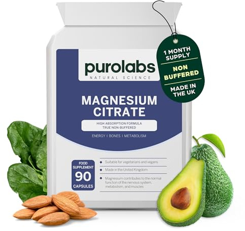 Purolabs Magnesium Citrate Capsules - High Strength Magnesium Supplement for Men & Women - Non-Buffered for Superior Absorption - Supports Sleep, Energy & Muscle Function - 90 Vegan Capsules