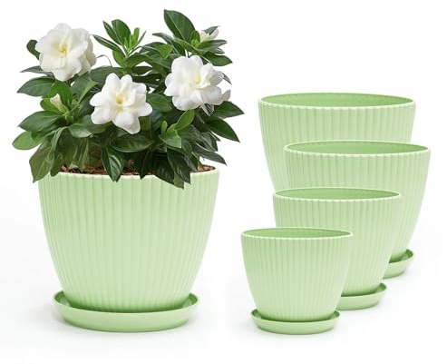 Lusibaka Plastic Plant Pots Set 4 Pack with Drainage Holes Saucers (19/17/15/13cm)-Modern Decorative Flower Pots for Indoor Plants in Assorted Colors (Green 4 Piece)