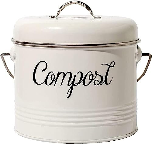 QIANMEI Portable Kitchen Compost Bin W/Lock Lid & Charcoal Filters Odor-Free ， Metal Indoor Composter， Great On Any Kitchen Counter(Standard)