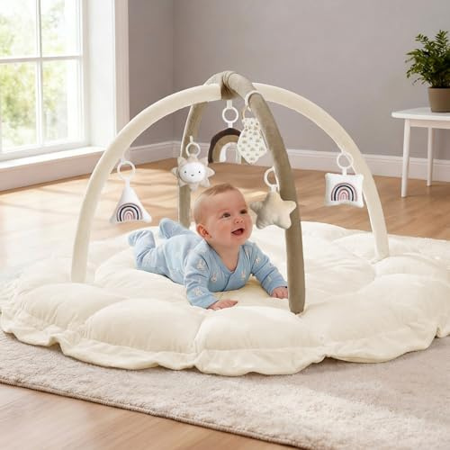 Mallify 5-in-1-Wandelbares Spielbogen Baby mit 6 Spielzeug, Spieldecke mit Bogen & Bällebad, Baby Spielbogen 0-6 Monate, weiche Krabbelmatte Spielmatte, Baby Gym Play Mat für Mädchen, Beige