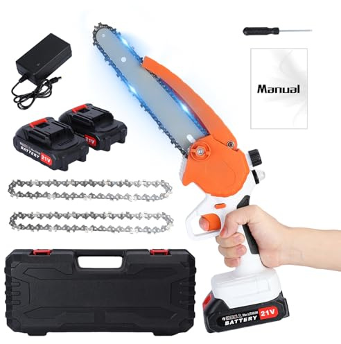 Mini Chainsaw Cordless 8 Inch, Brushless Electric Chainsaw with 2000mAh Battery & 2 Chains, Lightweight, Small Hand Held Chainsaws for Branch Tree Wood Cutting, Gifts for Women Men (Orange)