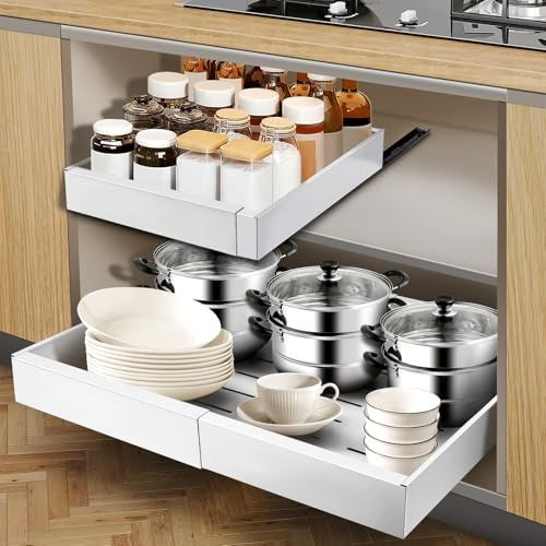 AirOpen Cassetto telescopico, larghezza regolabile 32 – 52 cm, in acciaio al carbonio di alta qualità, organizer per cassetti, cucina, armadio da cucina, organizer estraibile (bianco)