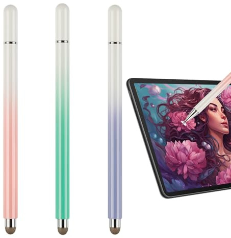 Menibeuty 3 Unidades Lápiz para Tablet 2 en 1, Colores Degradados Bolígrafos Stylus con Punta de Disco y Fibra para Ga1axy 1Pad 1Phone Android Tablet Micro-Soft (Verde+Rosa+Púrpura)
