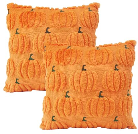 LMSHOWOWO 2 Piezas Calabaza Funda de Cojín 45X45cm, Fundas de Almohada de Otoño, Funda de Almohada de Felpa, Fundas de Cojín Acción de Gracias, para Sofá Salón Hogar Decoración de Otoño