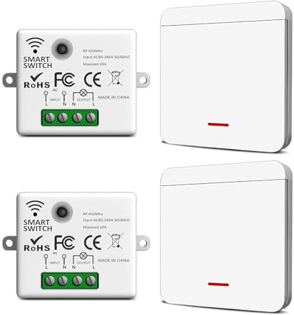Funk Lichtschalter 230V Set mit Empfänger und Sender, kabelloser Funkschalter für Lampen & Geräte bis 1500W, einfache Installation, starke Signalübertragung, Multi-Control(2 switch + 2 receivers Kit)
