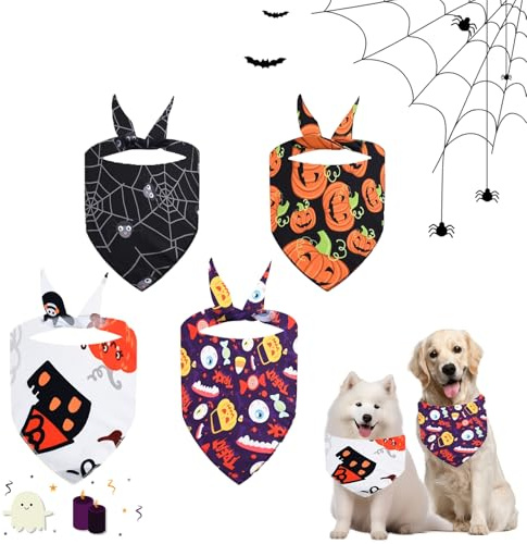 CUVZORA 4 Stück Hundehalstuch Halloween, Halstuch für Hunde, Bandana mit Kürbis Motiv, Waschbare Hundehalstücher für Kleine Mittel Große Hunde und Katzen, Bekleidung und Zubehör
