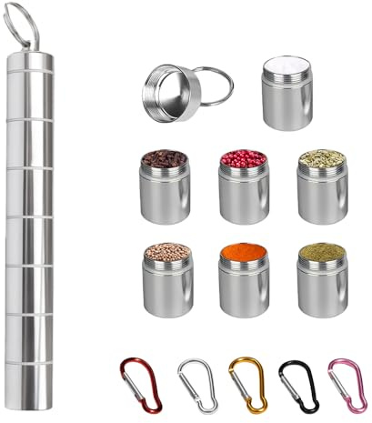 Rdunulioo 7-in-1 Mini Gewürzstreuer, Camping Gewürze Set, Mini Salzstreuer für Unterwegs, Camping Gadgets, Tragbare Aluminium Gewürzdosen für Reisen Zuhause, Outdoor Picknick, Küche Kochen (Silber)
