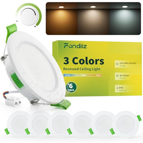 Fondiiz Lot de 6 Spot LED Encastrable Dimmable, 3.5W 340LM Spots de Plafond 55-68mm Découpe, Blanc Chaud 3000K Blanc Neutre 4500K Blanc Froid 6000K Reglable, Spot Salle de Bain IP44 pour Cuisine