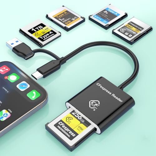 Lecteur de Carte CFexpress Type A USB3.2(Gen 2) 10 Gbit/s, Lecteur de Carte Mémoire CF Express Type A 2-en-1 USB-C+USB-A avec Mac OS/Linux/Windows/Android pour iPhone 17/16/15/Ordinateurs Portables