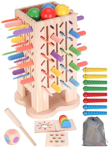 VERTOYCO Montessori Spielzeug ab 3 Jahren, 60 Stück Holz Lernspiele, Holzturm Spiele Farblernturm Brettspiel Stäben Würfelspiel, für Familienspiel Reisespiel Kinderspiel Kinder Geschenk