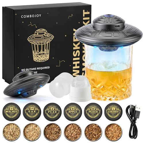 ComboJoy Electric Whiskey Smoker Kit with LED – 6 Flavors Wood Chips, Whiskey Glass & Ice Cube Mold – Rechargeable Cocktail Smoker, Old Fashioned Bourbon Gifts for Men, Dad, Husband -Grey