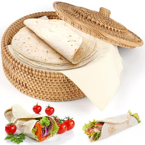 Large Rattan Bread Basket with Lid, 26 x 10 cm Round Wicker Food Storage Basket with 2 Towels, Rustic Woven Organizer Decorative Box for Kitchen Fruit Bread Egg Holder Camping Picnic
