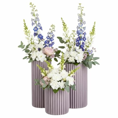 HowHomely Set di 3 vasi per fiori, in plastica, colore lilla, scanalati, decorativi, moderni, cilindrici, per soggiorno, camera da letto, sala da pranzo