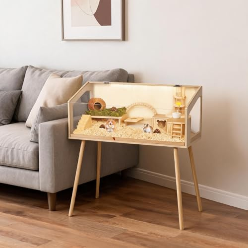 Hamsterkäfig Holz Groß - 2 Etagen Nagerkäfig Mit Sichtfenster & Tiefstreu-Bereich, Artgerechtes Hamstergehege Kleintierkäfig Nagarium Für Zwerghamster, Goldhamster & Mäuse, 100x50x120 cm