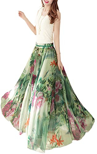Afibi Womens Blending Chiffon Retro Long Maxi Skirt Vintage Dress (X-Large, Pattern 3)