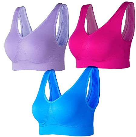 Lemef 3-Pack Seamless Sports Bra Wirefree Yoga Bra with Removable Pads for Women, Rose Red&dark Blue&dark Purple, XXL