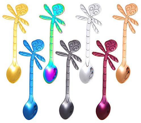 Boodtag Espressolöffel mit Katze und Dragonfly Design 6/7 Stücke Löffel Set Edelstahl Rührlöffel Teelöffel Mokkalöffel Kaffee Löffel für Getränke