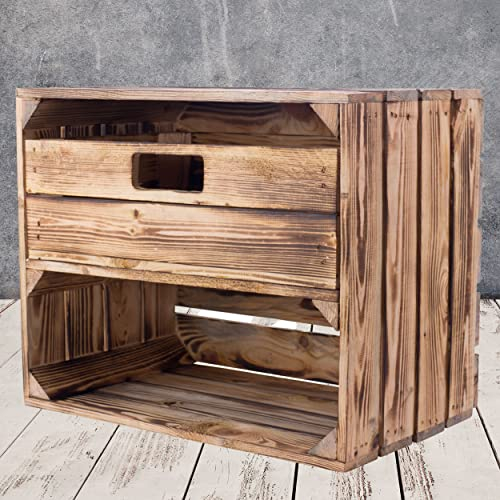 Kontorei® geflammte/verbrannte Kiste mit Schublade und Fach 50cm x 40cm x 30cm 6er Set Regal Holzkiste Obstkiste