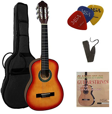 1/4 GITARRE - KONZERTGITARRE IM SET - KINDERGITARRE - CLASSIC - SUNBURST - DECKE LINDENHOLZ - TASCHE - BAND - SAITEN - 3xPIK