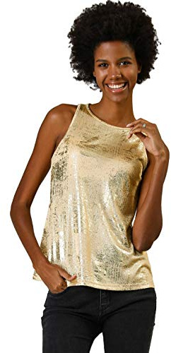 Allegra K Damen Pailletten Oberteil Metallic Glitzer Ärmellos Club Party Camisole Tank-Tops Gold S