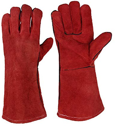 JZK Heavy duty large leather heat resistant heat proof lined welders gauntlets gloves for wood burner log burner BBQ, gardening gloves for men