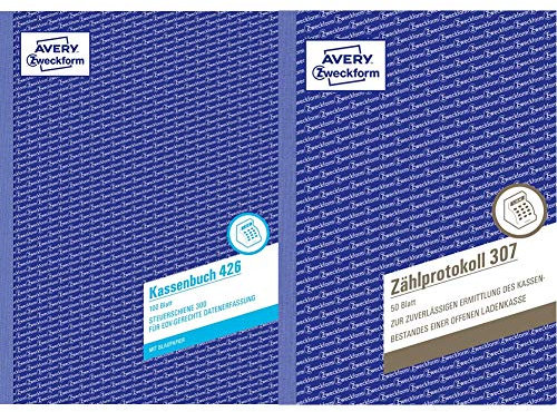 AVERY Zweckform 426 Kassenbuch (A4, nach Steuerschiene 300, von Rechtsexperten geprüft, 100 Blatt) weiß & 307 Zählprotokoll für offene Ladenkassen (A5, von Steuerberatern empfohlen, 50 Blatt) weiß