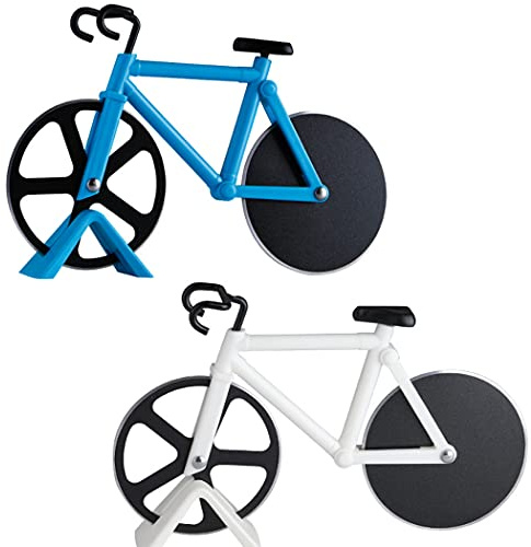 Hoshen Cortador de pizza creativo de 2 piezas en forma de bicicleta, divisor, rueda de corte de pizza de acero inoxidable, herramienta de corte de pizza - azul, blanco