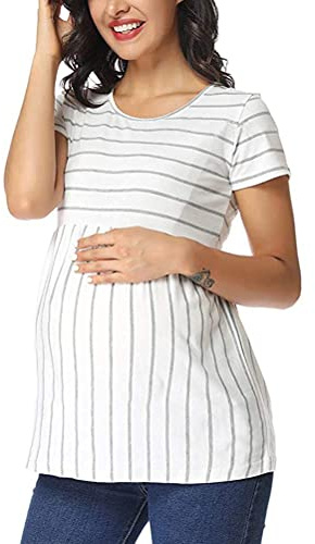 Tomwell Camiseta de Maternidad Manga Corta Floral Embarazada Raya Impreso Embarazo Moda Suelta Blusa Verano