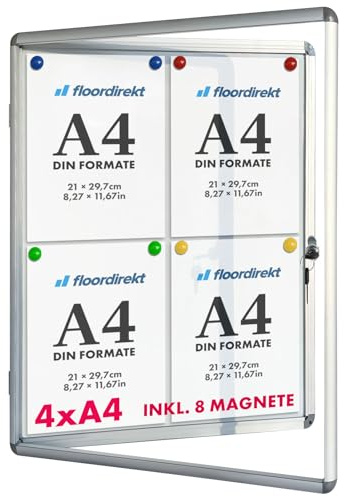 Floordirekt Bacheca da parete 4 x DIN A4 con cornice in alluminio e vetro acrilico, inclusi magneti. Bacheca per annunci con cornice in alluminio, vetro acrilico, retro magnetico e superficie