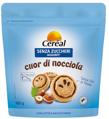 CÉRÉAL SENZA ZUCCHERI Cuor di Nocciola, Biscotti senza zuccheri aggiunti, Con crema di nocciola e cacao, Confezione salva freschezza, 180gr