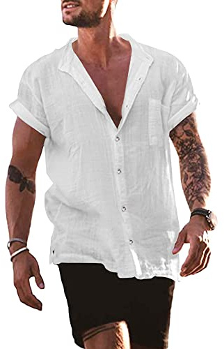 YAOBAOLE Chemise en Lin Homme Été Chemise Lin Homme Manches Courtes Boutons Chemises Col Mao Hommes Blanc L