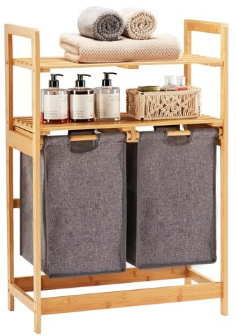 YOUDENOVA Wäschekorb aus Bambus-Gestell,Wäschesammler mit 2 Ablagen mit 2 Ausziehbaren Wäschesäcken für Schlafzimmer Bad oder Waschküche 93x64x33cm Grau