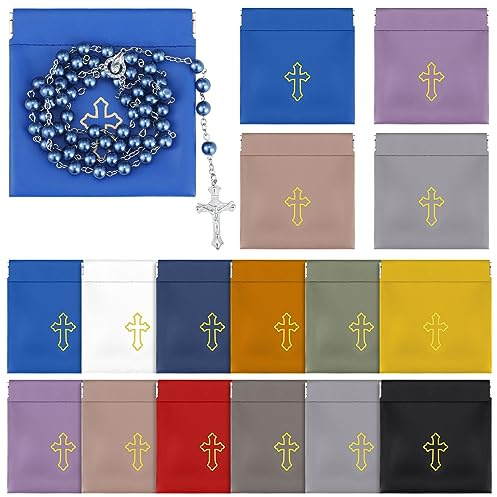 Wesnoy 12 Pcs 12 Pack Squeeze Top Rosary Pouch with Gold Cross Imprint Bulk PU Leather Rosary Case Bags Catholic, Assorted Colors (Classic Color)