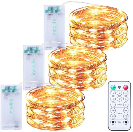 innolife Fairy Lights Battery, 3M 30LEDs 8 Modes String Lights Battery Operated, Fairy Lights Indoor/Outdoor with Remote Timer for Bedroom, Party, Wedding, Christmas Decorations(3 Pack, Warm White)