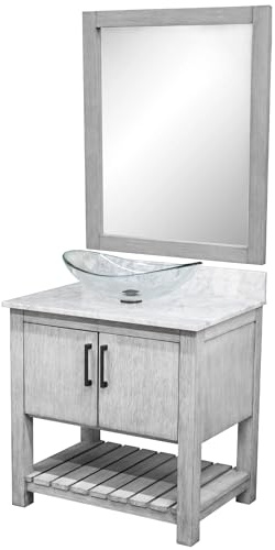 Miseno MV-30SG-NOBV-CAR-324C-MIR 30 Free Standing Single Basin Vanity Set with Cabinet, Marble Vanity Top, Oval Glass Vessel Sink and Mirror - Stonewash Grey/Carrara White Top/Matte Black