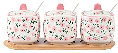 Azucarero de Ceramica,recipientes para Especias, Azucarero de cerámica con Tapa y Cuchara, salero de Granja, Caja de condimentos, Caja de Especias de cerámica con Cuchara y Base, Color Rosa 1 (Color