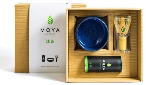 Organic Moya Matcha Green Tea Set | 30g Traditional Grade (II) Pack + Blue Bowl + Whisk | Traditional Grade Gift Powder Green Preparation Starter Basic Kit