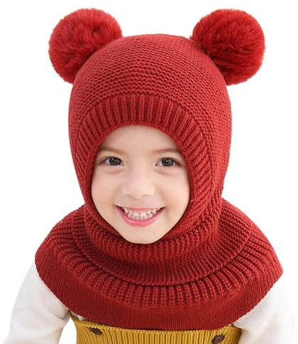Surakey Unisex Baby Schalmütze Mütze,Wintermütze Schal Set für Jungen Mädchen 3-6 Jahre,Niedlich Baby Mütze Beanie Hut Schal Fleece Thermisch Strickmütze Schlupfmütze Babymütze mit Bommel