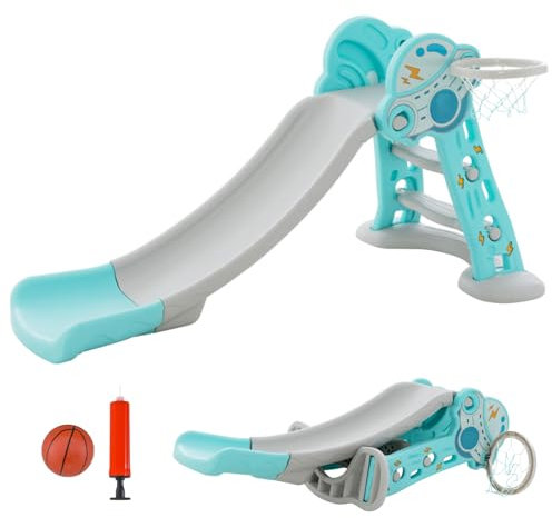 Maxmass Folding Kids Slide, Children Freestanding Slide Playset with Basketball Hoop and Climber Ladder, Indoor Outdoor Toddler Climber Slider for Boys Girls (Blue, 146 x 81 x 73 cm)