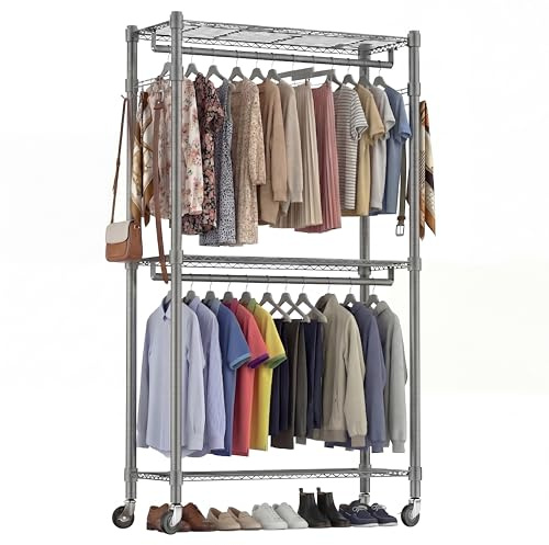 Himimi Double Rod Garment Rack / 3 tier Clothes Rail with Height-Adjustable Shelves,Clothes Rack with 2 Hooks, Clothes Rails with Wheels, 60 * 42 * 205cm,Grey