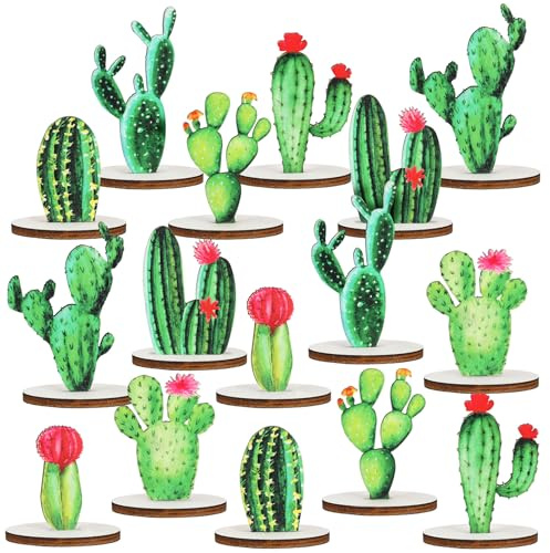 Thyle 16 Pcs Wooden Cactus Party Decorations Cactus Wood Sign Centerpieces Tables Topper Decor for Baby Shower Birthday Classroom Supplies
