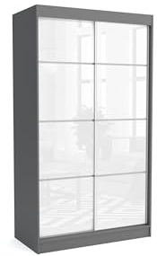 Brent - Kleiderschrank Schiebetüren July, 120cm Breit, Schlafzimmerschrank mit 1 Kleiderstange und Einlegeböden für Kleidung, Kleiderschrank Grau Matt/Weiß Hochglanz