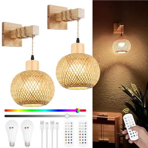 Frideko Boho Battery Operated Wall Sconces Set of Two with Remote, RGB 15 Colors Rechargeable Wall Light, Rattan Dimmable Wireless Wall Lamp with 3 Timer, Bamboo Indoor Wall Lighting for Bedroom