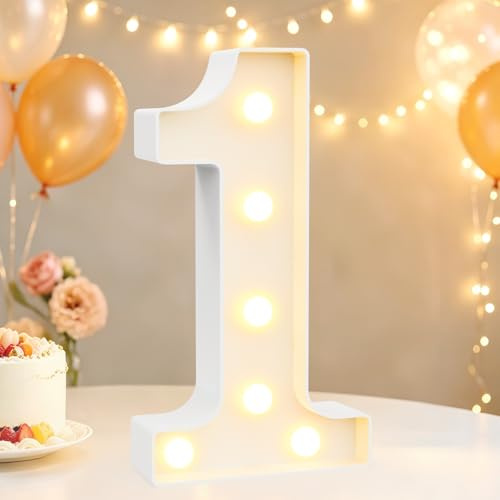 8.8 Decorative LED Light Up Numbers, Marquee Numbers Lights for 1st Birthday Decorations, Lighted Number Sign for Birthday Party Night Lights Wedding Anniversary Home Wall Decor, White Number 1