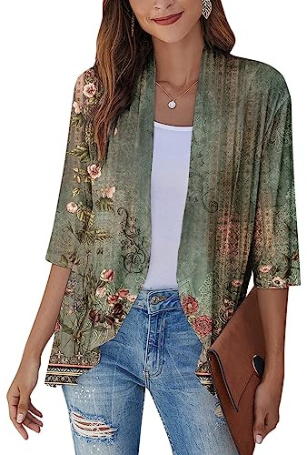 SCBFDI Giacca Donna, Cardigan Kimono da Donna Cardigan Floreale Con Maniche a 3/4 Spolverino Aperto Sul Avanti Volant Drappeggiato Elegante Coprispalle Estivo, Giacca Oro Donna Elegante